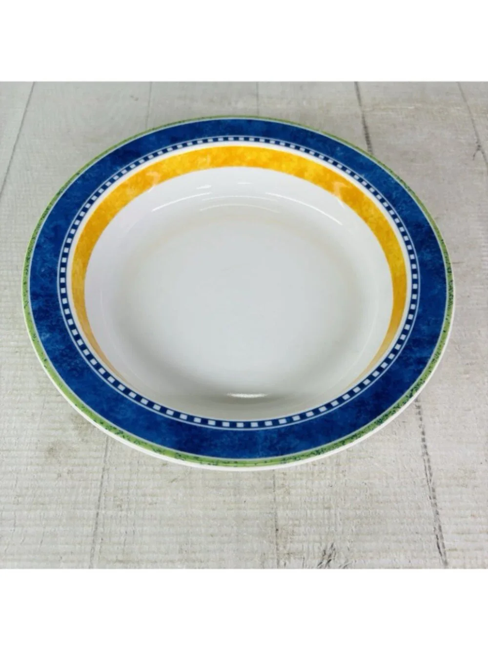 Dansk Bistro KOBENHAVN Blue Yellow Band Smooth Green Trim Rimmed Soup Bowl Set 4